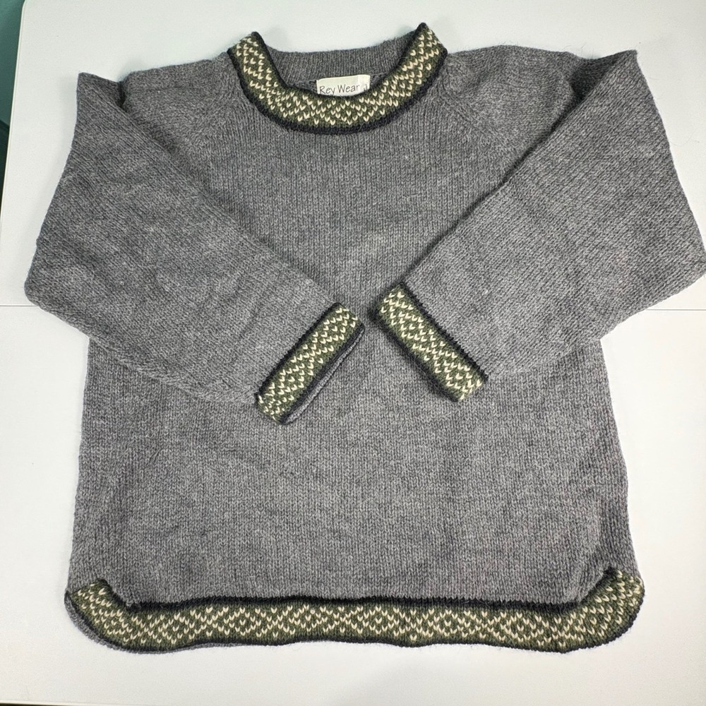 100% Merino Wool Fair Isle Trim Sweater Gray Nordic Pullover Womens L